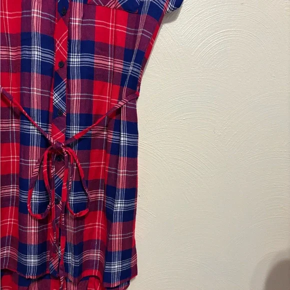 Rails Plaid Shirt Dress Tunic Red Blue Button Front Tie Waist Size Medium - Picture 8 of 9